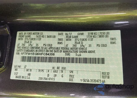 2017 Ford F-150 Lariat из США, поврежденный, VIN 1FTFW1EG6HFC84358